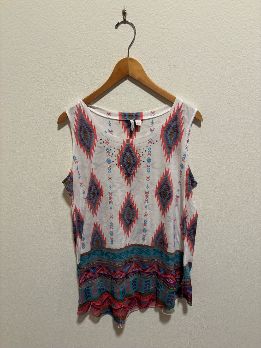 EST 1946 Sleeveless Aztec Print Tank Top - White with Teal & Coral Embellished